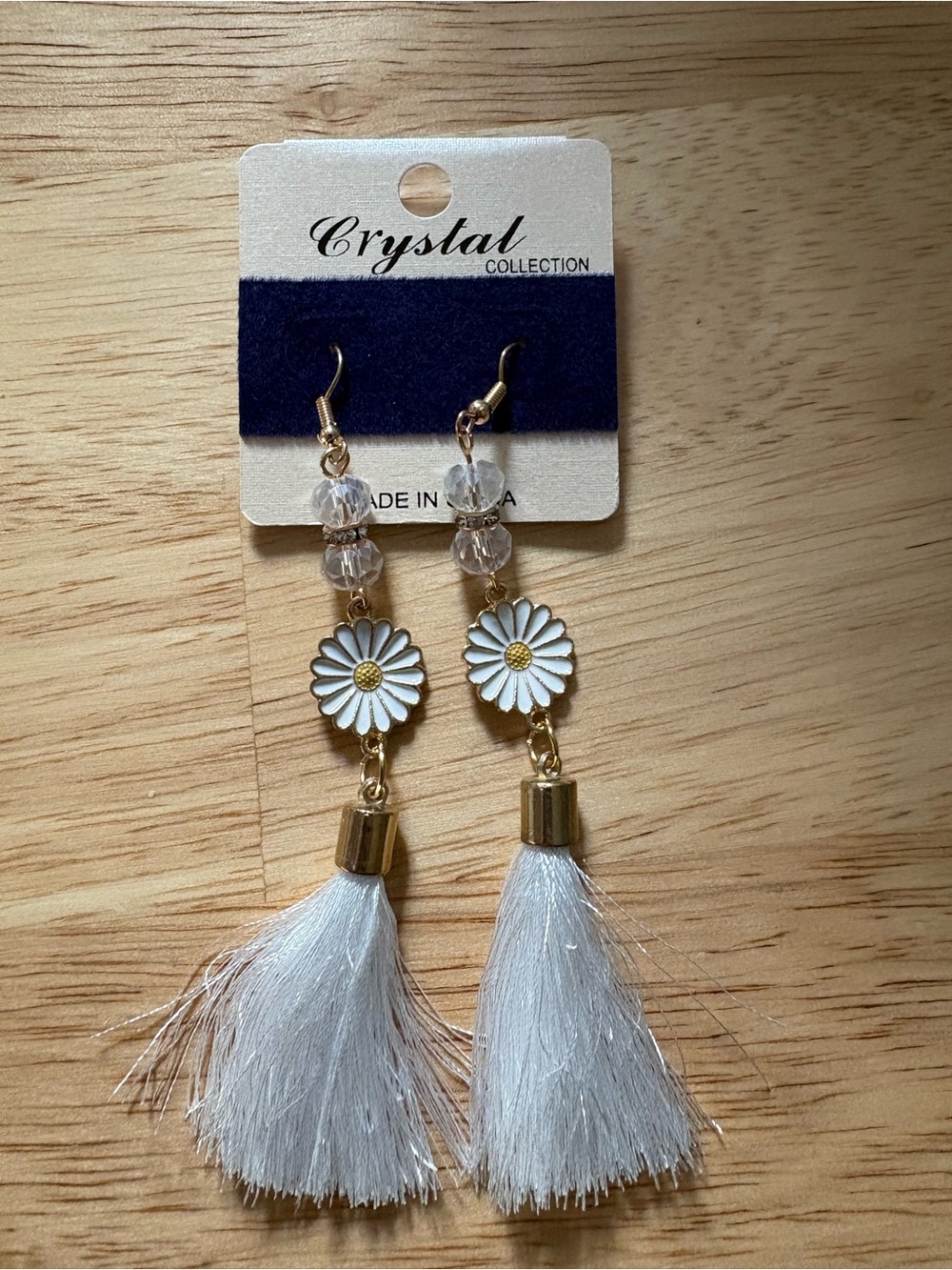 White Daisy Tassel Earrings with Gold Accents